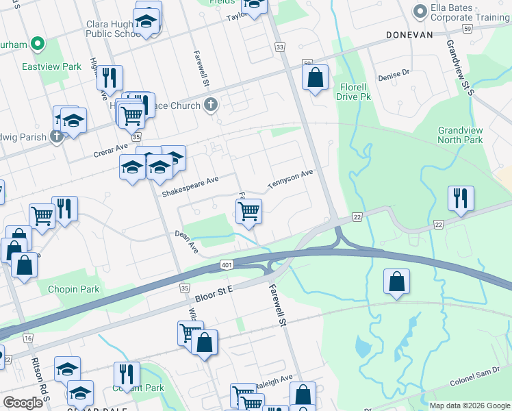 map of restaurants, bars, coffee shops, grocery stores, and more near 694 Emerson Avenue in Oshawa