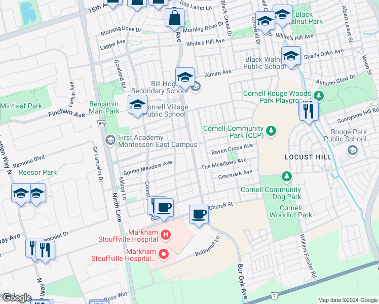 map of restaurants, bars, coffee shops, grocery stores, and more near in Markham