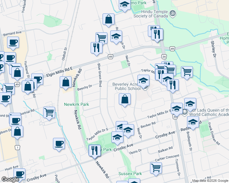 map of restaurants, bars, coffee shops, grocery stores, and more near 314 Browndale Crescent in Richmond Hill