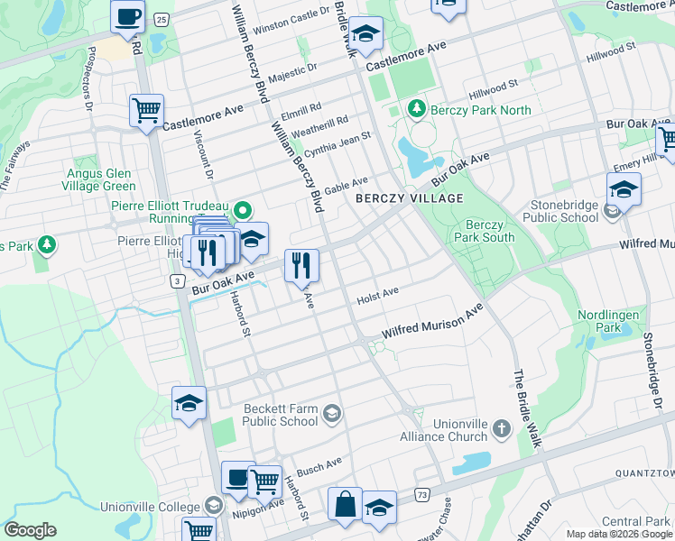 map of restaurants, bars, coffee shops, grocery stores, and more near William Berczy Boulevard in Markham