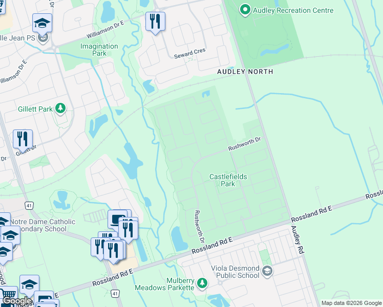 map of restaurants, bars, coffee shops, grocery stores, and more near 7 Shepstone Drive in Ajax