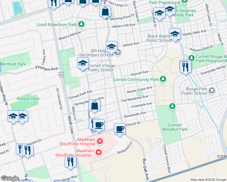 map of restaurants, bars, coffee shops, grocery stores, and more near 2931 Bur Oak Avenue in Markham