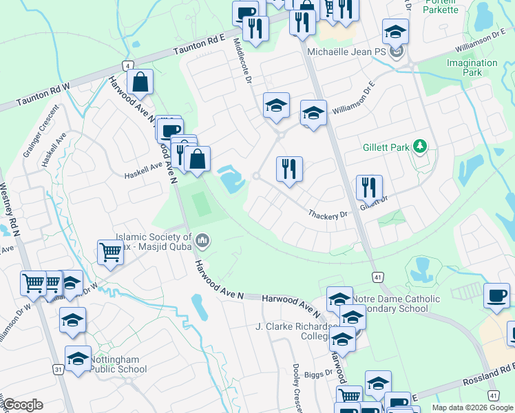 map of restaurants, bars, coffee shops, grocery stores, and more near 12 Wilsongary Circle in Ajax