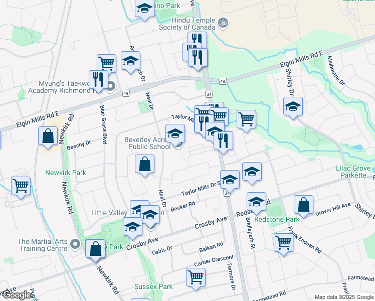 map of restaurants, bars, coffee shops, grocery stores, and more near 14 Lafferty Lane in Richmond Hill