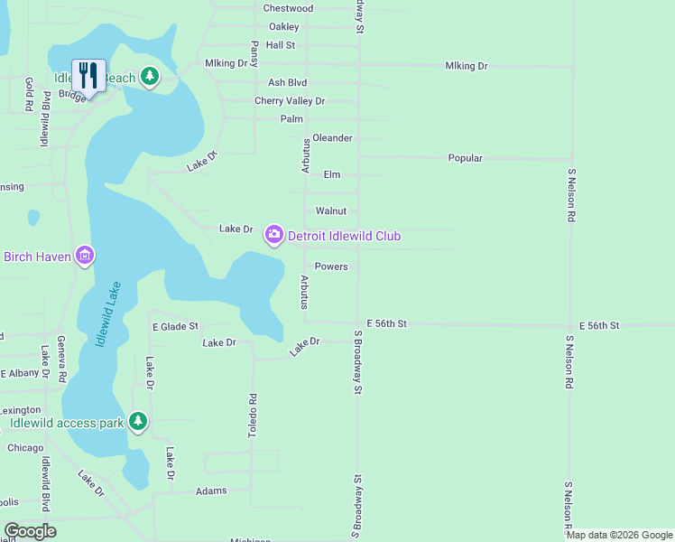 map of restaurants, bars, coffee shops, grocery stores, and more near 1435 East Powers Avenue in Idlewild