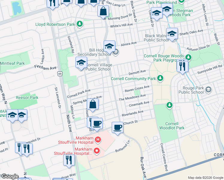 map of restaurants, bars, coffee shops, grocery stores, and more near 2931 Bur Oak Avenue in Markham
