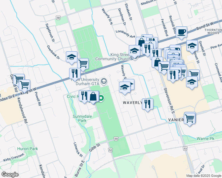 map of restaurants, bars, coffee shops, grocery stores, and more near 57 Vancouver Court in Oshawa