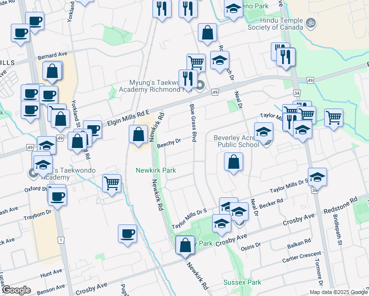 map of restaurants, bars, coffee shops, grocery stores, and more near in Richmond Hill