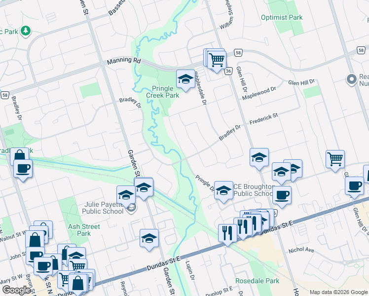 map of restaurants, bars, coffee shops, grocery stores, and more near 137 Pringle Drive in Whitby