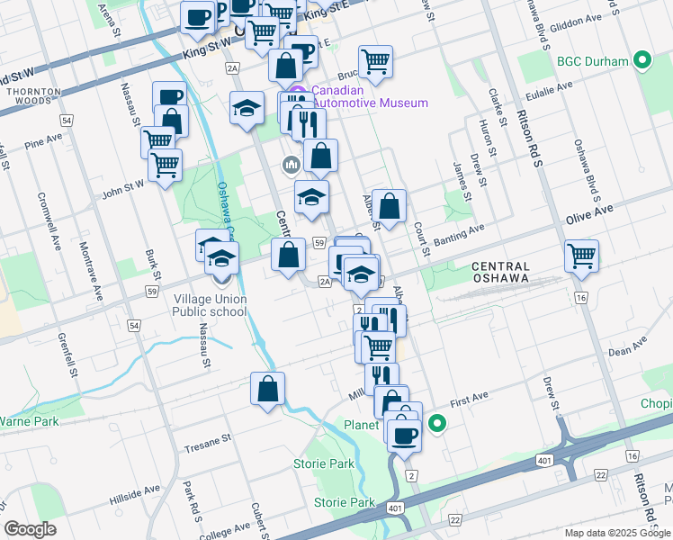 map of restaurants, bars, coffee shops, grocery stores, and more near 304 Simcoe Street South in Oshawa