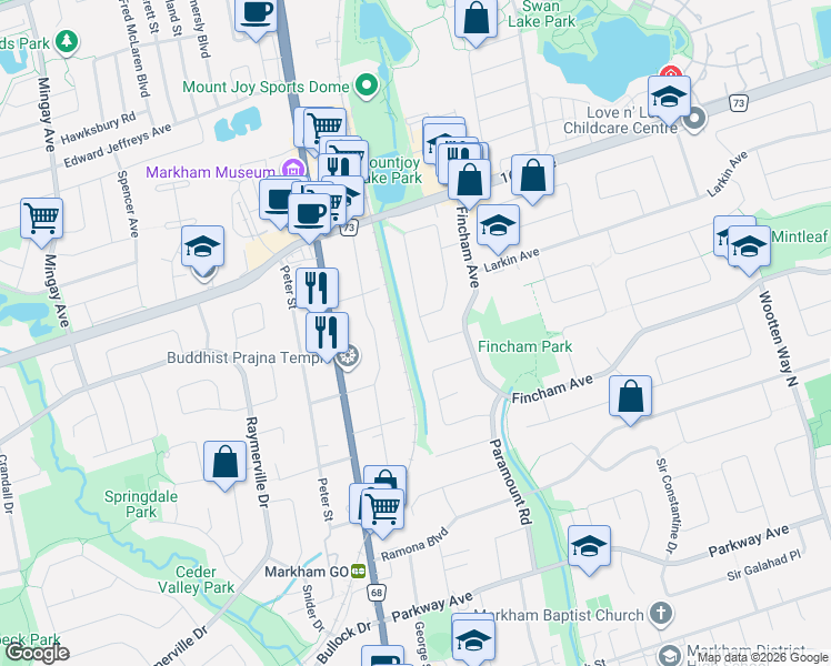 map of restaurants, bars, coffee shops, grocery stores, and more near 26 Trothen Circle in Markham