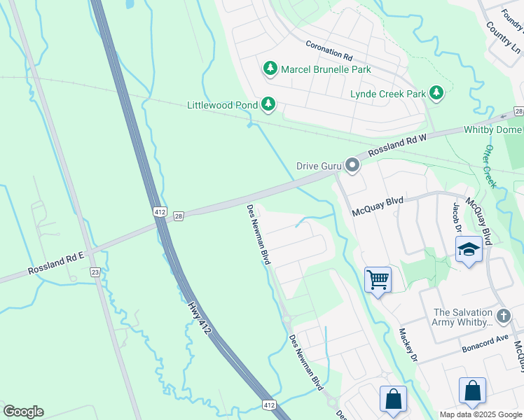 map of restaurants, bars, coffee shops, grocery stores, and more near 925 Rossland Road West in Whitby