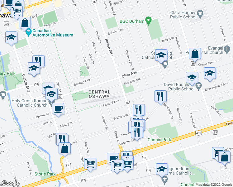 map of restaurants, bars, coffee shops, grocery stores, and more near George Street in Oshawa