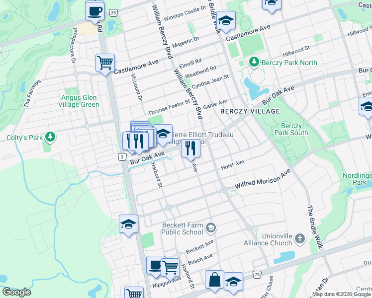 map of restaurants, bars, coffee shops, grocery stores, and more near 125 Bur Oak Avenue in Markham