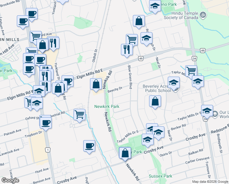map of restaurants, bars, coffee shops, grocery stores, and more near 214 Beechy Drive in Richmond Hill
