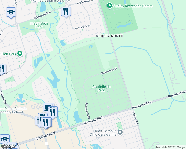 map of restaurants, bars, coffee shops, grocery stores, and more near 80 Rushworth Drive in Ajax