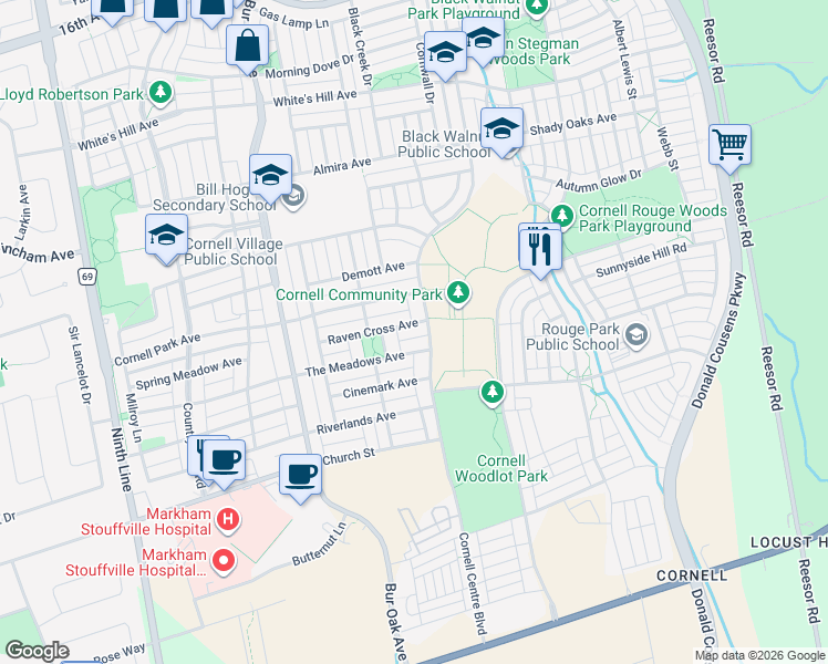 map of restaurants, bars, coffee shops, grocery stores, and more near 257 Cornell Centre Boulevard in Markham