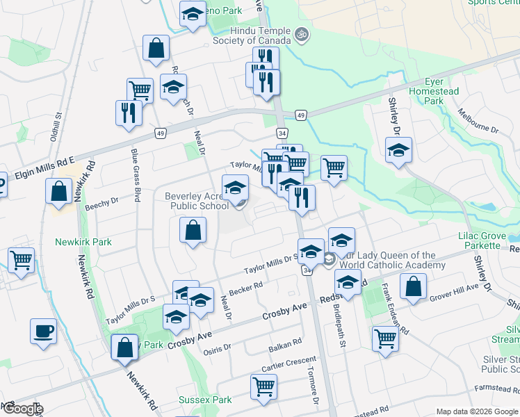 map of restaurants, bars, coffee shops, grocery stores, and more near 434 Marybay Crescent in Richmond Hill