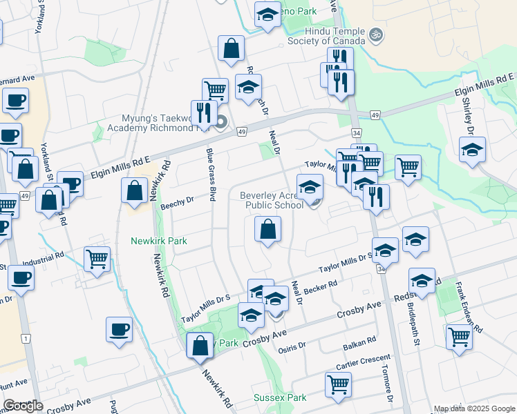 map of restaurants, bars, coffee shops, grocery stores, and more near 326 Browndale Crescent in Richmond Hill