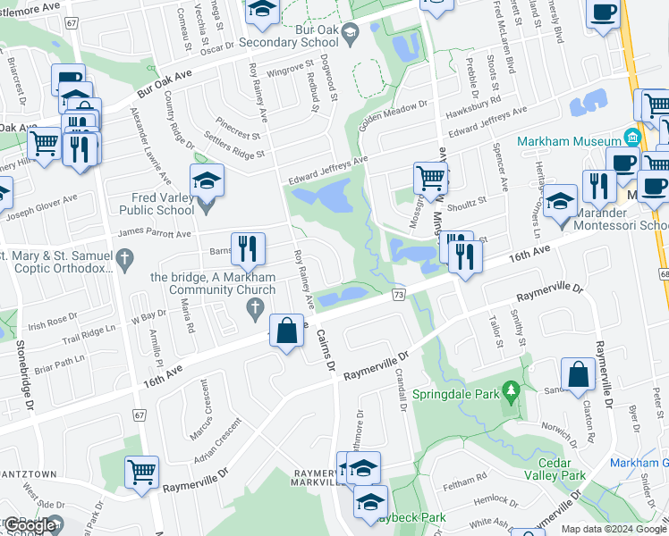 map of restaurants, bars, coffee shops, grocery stores, and more near 54 Storybook Crescent in Markham