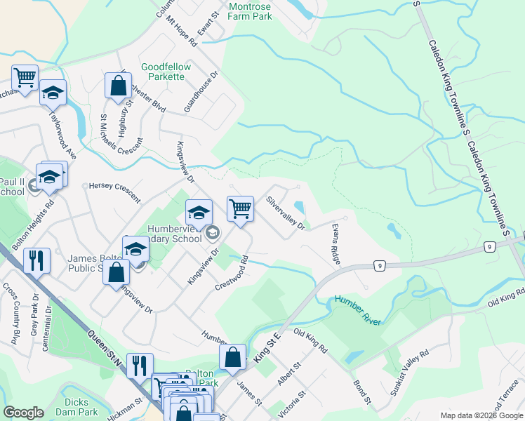 map of restaurants, bars, coffee shops, grocery stores, and more near 7 Christensen Avenue in Caledon