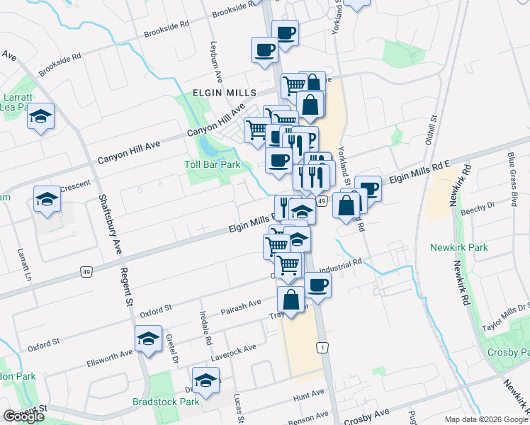 map of restaurants, bars, coffee shops, grocery stores, and more near 54 Elgin Mills Road West in Richmond Hill