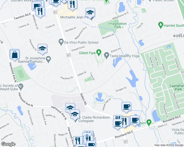 map of restaurants, bars, coffee shops, grocery stores, and more near 5 Luce Drive in Ajax