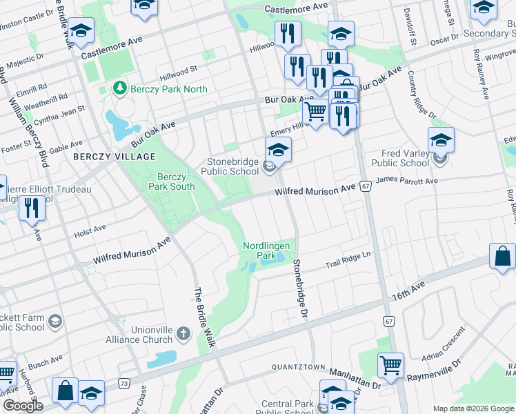map of restaurants, bars, coffee shops, grocery stores, and more near 31 Barkwood Hollow in Markham