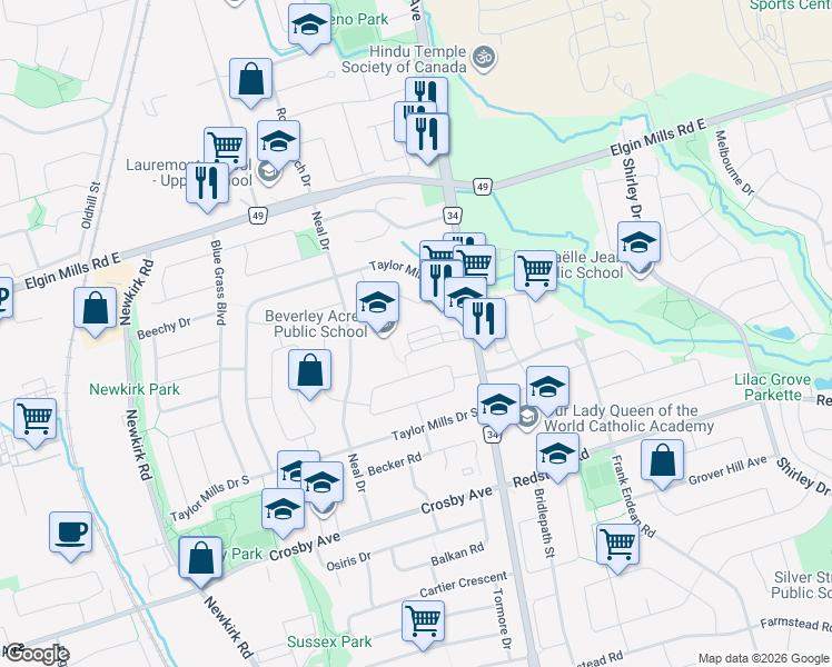 map of restaurants, bars, coffee shops, grocery stores, and more near 29 Lafferty Lane in Richmond Hill