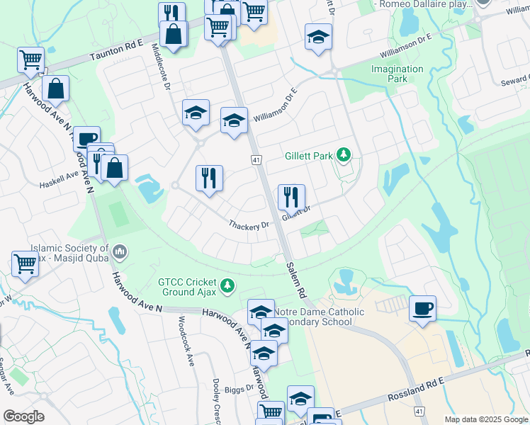map of restaurants, bars, coffee shops, grocery stores, and more near 20 Bonner Crescent in Ajax