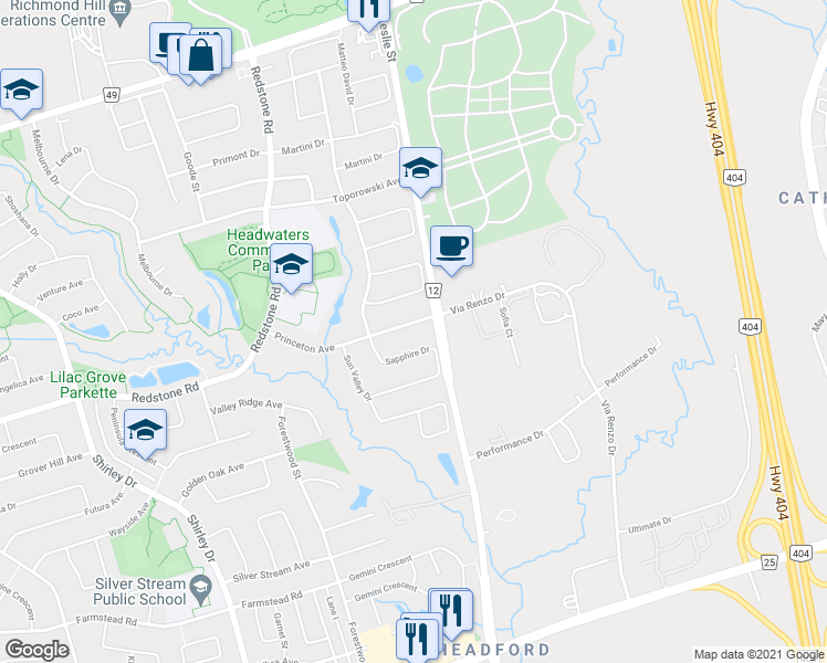 map of restaurants, bars, coffee shops, grocery stores, and more near 69 Princeton Avenue in Richmond Hill