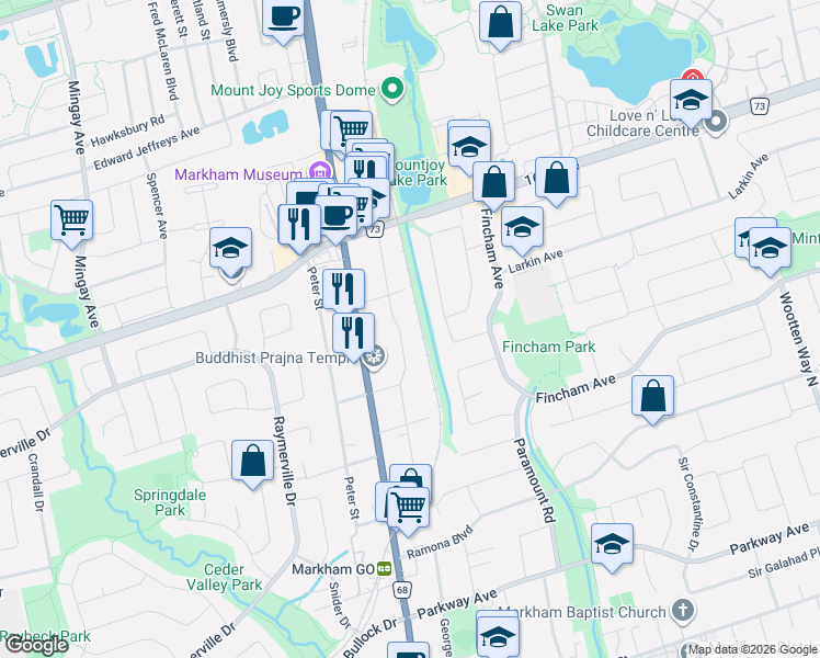 map of restaurants, bars, coffee shops, grocery stores, and more near 105 Wales Avenue in Markham