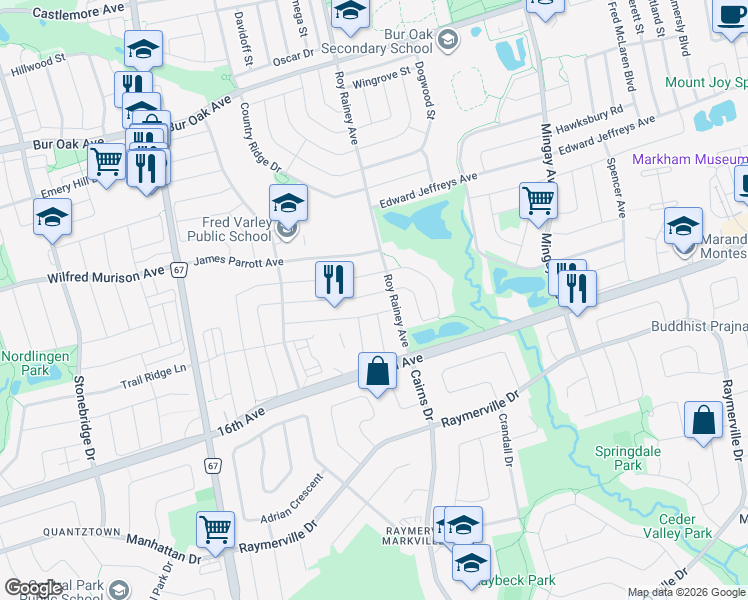 map of restaurants, bars, coffee shops, grocery stores, and more near 11 Armando Drive in Markham