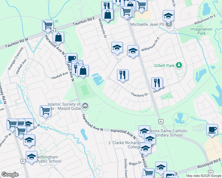 map of restaurants, bars, coffee shops, grocery stores, and more near 6 Wilsongary Circle in Ajax