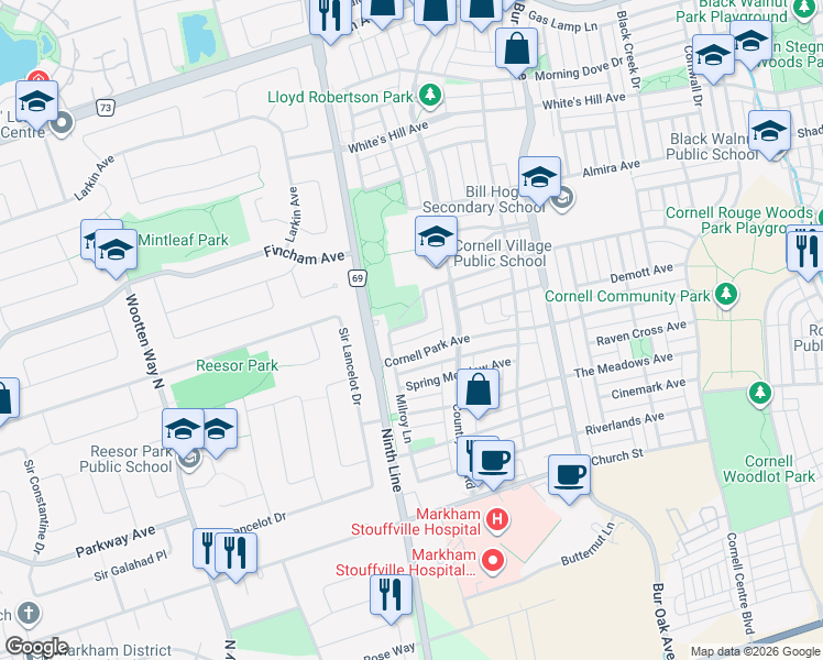 map of restaurants, bars, coffee shops, grocery stores, and more near 20 Cornell Common Road in Markham