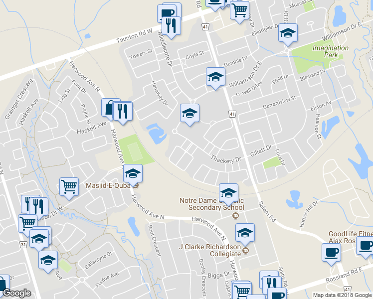 map of restaurants, bars, coffee shops, grocery stores, and more near Dollery Gate in Ajax
