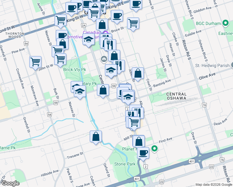map of restaurants, bars, coffee shops, grocery stores, and more near 11 Gibb Street in Oshawa