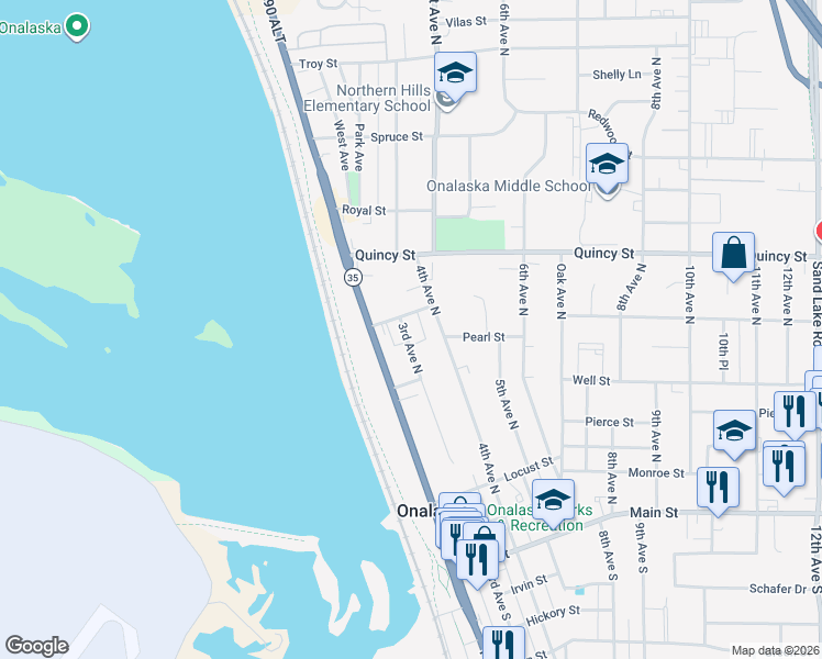 map of restaurants, bars, coffee shops, grocery stores, and more near 305 Poplar Street in Onalaska