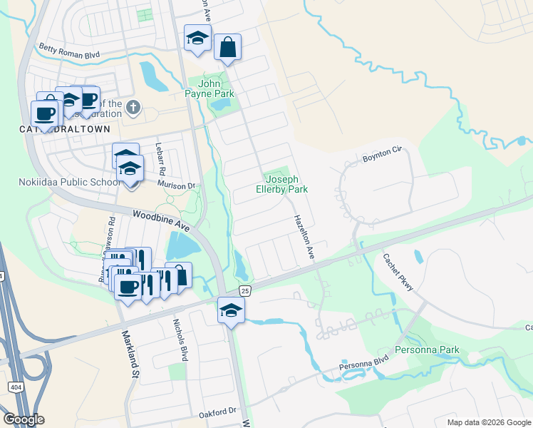 map of restaurants, bars, coffee shops, grocery stores, and more near 80 Castleview Crescent in Markham