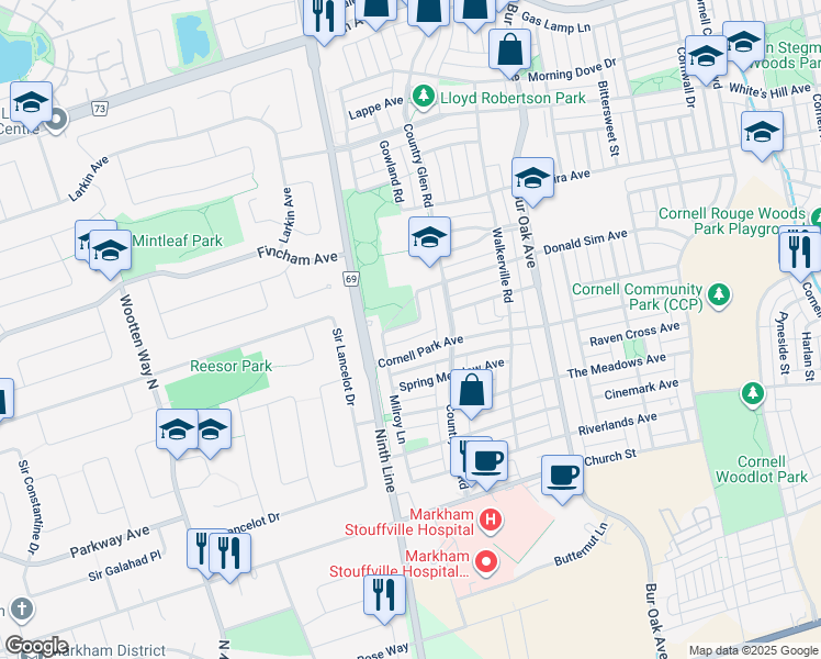 map of restaurants, bars, coffee shops, grocery stores, and more near 33 Cornell Common Road in Markham