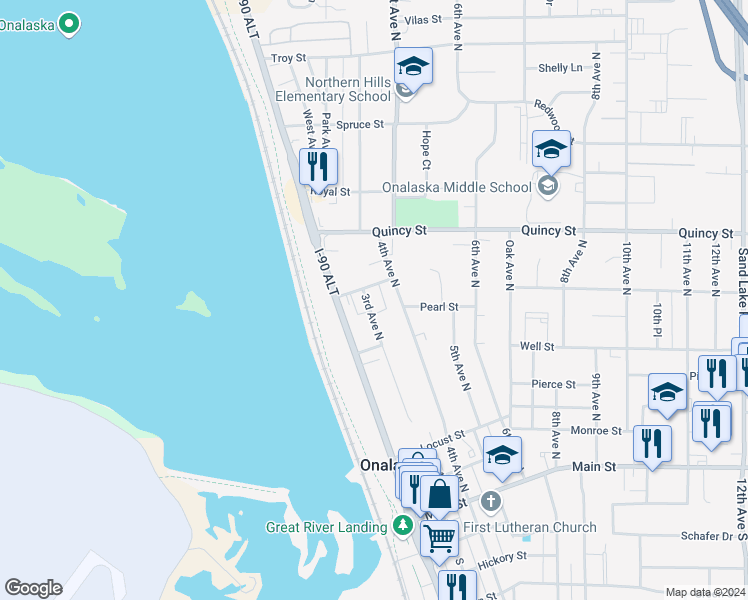 map of restaurants, bars, coffee shops, grocery stores, and more near 305 Poplar Street in Onalaska