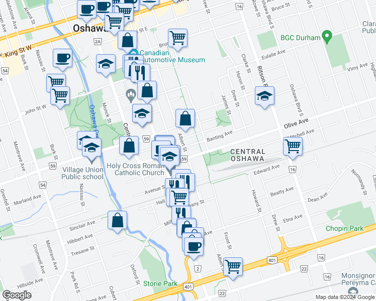 map of restaurants, bars, coffee shops, grocery stores, and more near 327 Albert Street in Oshawa