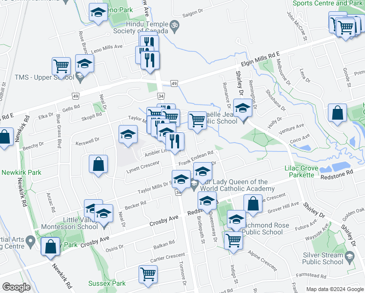 map of restaurants, bars, coffee shops, grocery stores, and more near 20 Catalina Crescent in Richmond Hill