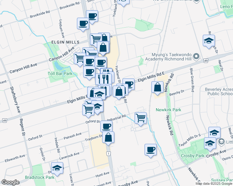 map of restaurants, bars, coffee shops, grocery stores, and more near in Richmond Hill