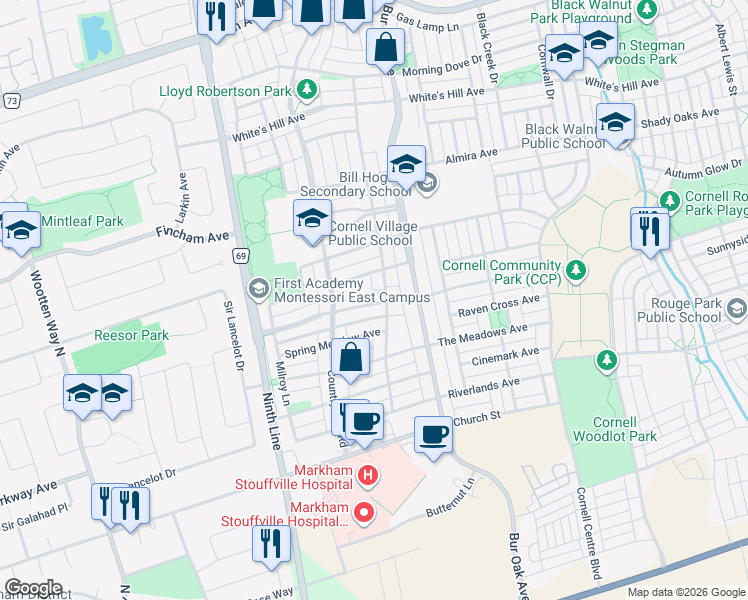 map of restaurants, bars, coffee shops, grocery stores, and more near 116 Cornell Park Avenue in Markham