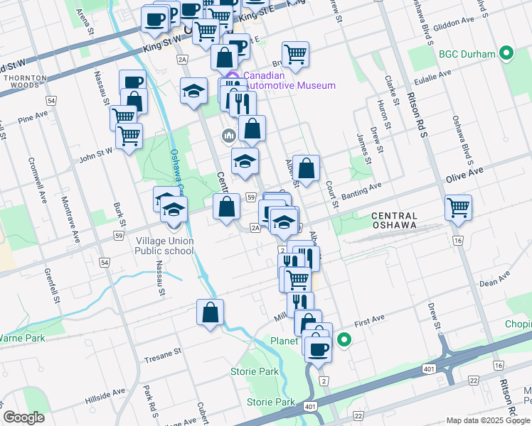 map of restaurants, bars, coffee shops, grocery stores, and more near 304 Simcoe Street South in Oshawa