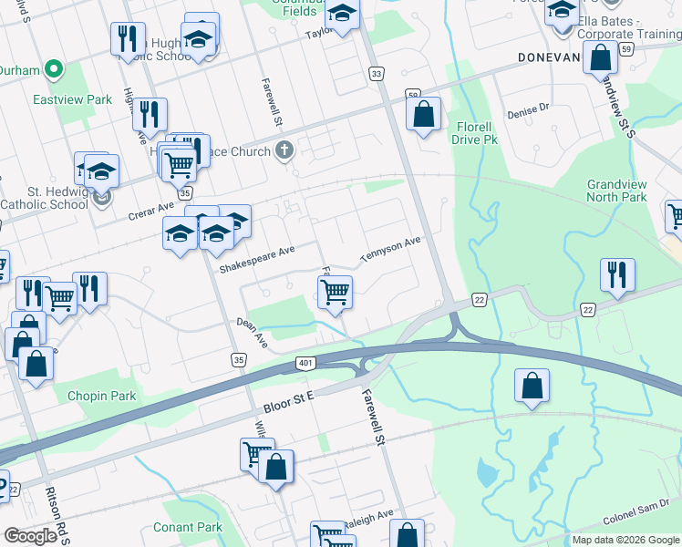 map of restaurants, bars, coffee shops, grocery stores, and more near 693 Tennyson Avenue in Oshawa