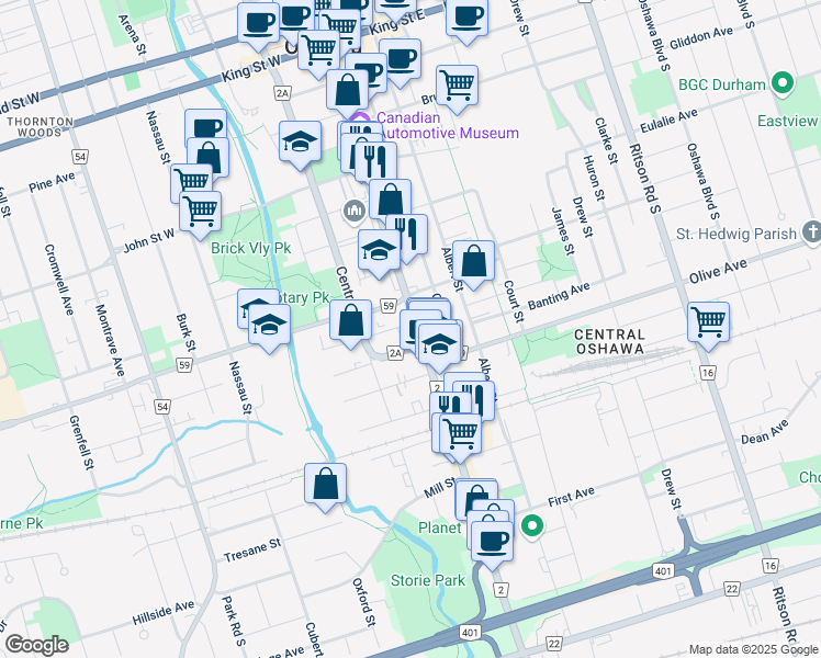 map of restaurants, bars, coffee shops, grocery stores, and more near 304 Simcoe Street South in Oshawa