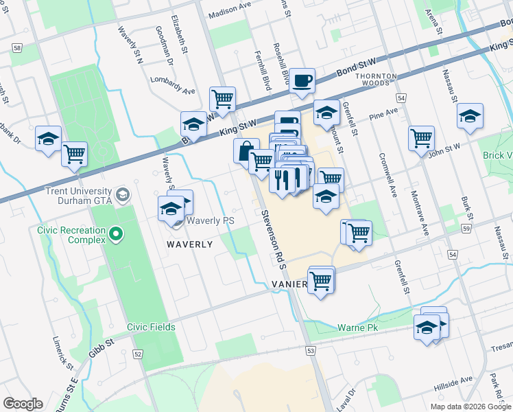 map of restaurants, bars, coffee shops, grocery stores, and more near 2011 Stevenson Road South in Oshawa