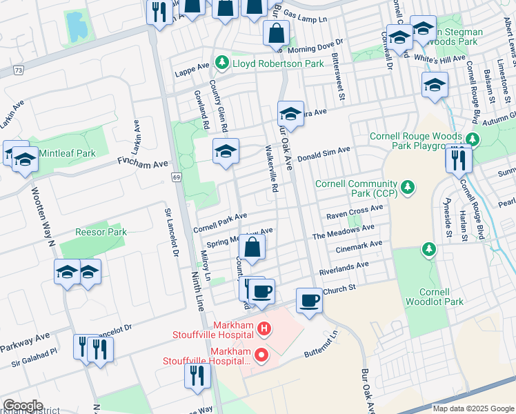map of restaurants, bars, coffee shops, grocery stores, and more near 17 Cornell Meadows Avenue in Markham